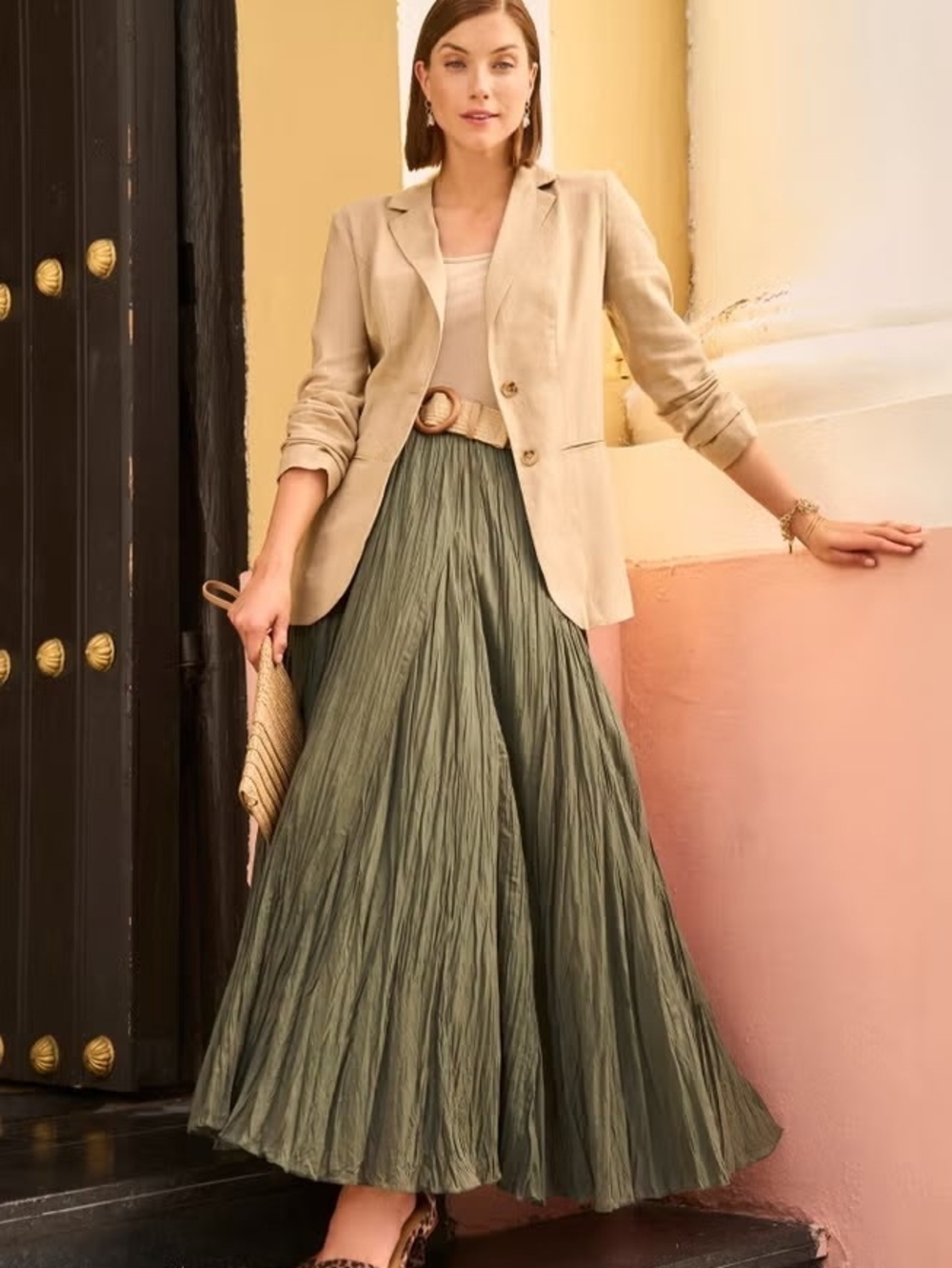 ELLOS Olive Green Pleated  Skirt